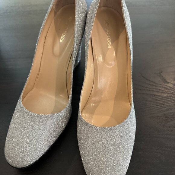 Sergio Rossi Silver Glitter Block Heel Pumps - Picture 9 of 9